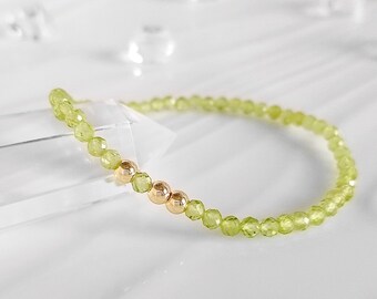 Peridot Gold Stretch Bracelet, 3.5mm Lime Green Faceted Gemstone Bead, Minimalist Modern Handmade Jewelry Gift For Women, August Birthstone