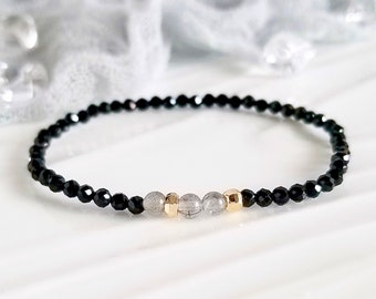 Black Spinel And Labradorite Stretch Bracelet, Minimalist Modern Dainty, Handmade Healing Crystal Jewelry Gift for Women, August Birthstone