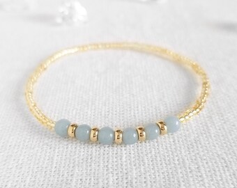 Angelite Gold Stretch Bracelet, 4mm Blue Gemstone Bead, Yoga Meditation Bracelet, Minimalist Delicate Dainty Handmade Jewelry Gift For Women