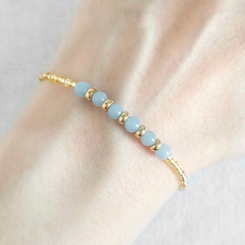 Angelite Gold Stretch Bracelet, 4mm Blue Gemstone Bead, Yoga Meditation Bracelet, Minimalist Delicate Dainty Handmade Jewelry Gift For Women image 5