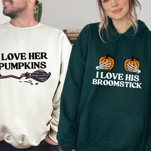 I Love Her Pumpkins Sweatshirt, I Love His Broomstick Hoodie, Couple Halloween Matching Shirts, Mom Dad Halloween Sweaters, Spooky Season