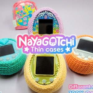 May include: A collection of colorful, crocheted cases for a handheld digital pet game. The cases are in various colors, including green, yellow, orange, and pink. The text "NayaGOTCHI Thin cases" is displayed. The cases are made of 100% cotton and are vegan friendly.