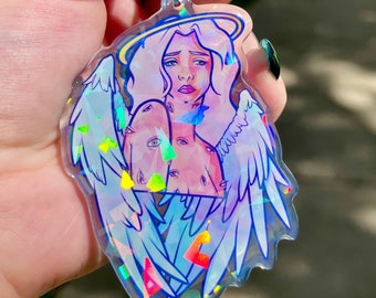 Llavero de ángel holográfico / Llavero con dije de acrílico / Llavero con prisma de arcoíris / Dije para bolso / Llavero con vidrio roto / Dije de llave holográfico