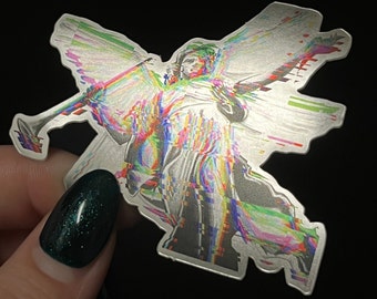 May include: A silver sticker with a colorful, glitched image of an angel playing a trumpet. The angel is depicted in a dynamic pose with wings spread wide.