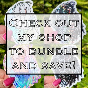 May include: Four iridescent holographic stickers featuring angel wings and a halo. The stickers have a white background and feature a black and white illustration of an angel with a halo. The text "CHECK OUT MY SHOP TO BUNDLE AND SAVE!" is printed in black on a white background.