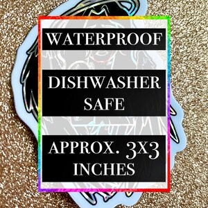 May include: A holographic sticker featuring a black and white illustration of an angel with wings. The sticker is waterproof and dishwasher safe. The sticker is approximately 3 inches by 3 inches.