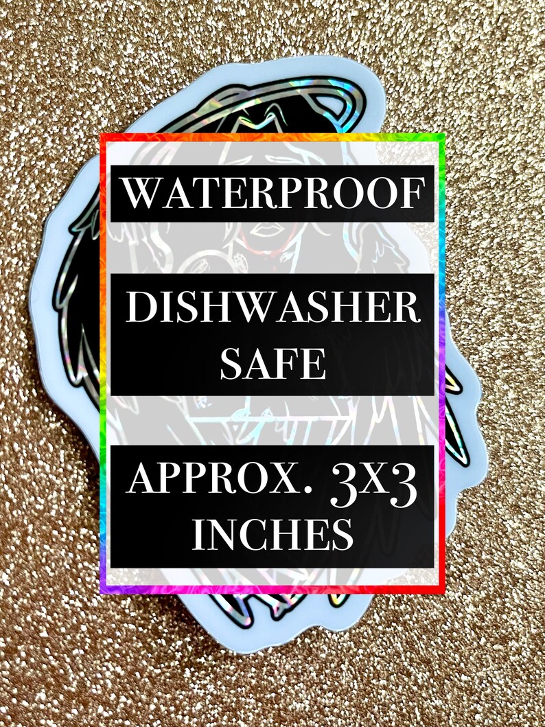 May include: A holographic sticker featuring a black and white illustration of an angel with wings. The sticker is waterproof and dishwasher safe. The sticker is approximately 3 inches by 3 inches.
