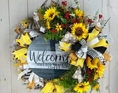 Humorous Welcome Wreath with Sunflowers, Funny Welcome Wreath with Sunflowers, Sunflower Design, Indoor/Outdoor Design, ShellysWreathsNMore