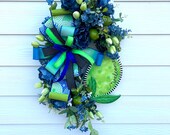 Spring Summer Welcome Wreath with Lime and Blue Florals, Wreath for Front Door, Multi Seasonal Garden Decoration, Margarita Party Decoration