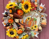 Fall Wreath with Sunflowers and Pumpkins, Leopard Print Autumn Porch Decor, Fall Porch Decorations, Thanksgiving Wreath, ShellysWreathsNMore
