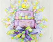 Happy Easter Truck Wreath, Deco Mesh Design, Porch Door Decor, Shelly's Wreaths and More, Easter Bunny and Eggs Design, Spring Decor
