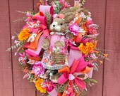 Orange and Pink Easter Wreath with Sisal Bunny, Deco Mesh Design, Porch Door Decor, Shelly's Wreaths and More, Spring Floral Easter Design,