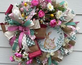 Spring Wreath with Watercolor Bunnies, Country Porch Door Decor, Easter Door Design, Spring Floral Design, Hostess Gift for Family Gathering