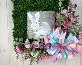 Easter Bunny with Florals Wreath, Boxwood Easter Wall Decoration, Spring Design, Shelly's Wreaths and More, Bunny Door Design, Spring Decor