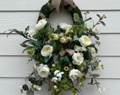 Moss Wreath for Everyday with White Peonies Wild Flowers and Berries, Neutral Design, Year Round Porch Decorations, Indoor/Outdoor Design
