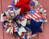 Rustic Patriotic Wreath, 4th of July Decorations, Farmhouse Style Wreath with Rustic and Flocked Stars, Shelly's Wreaths and More