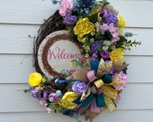 Spring Floral Wreath with Peonies and Wild Flowers, Bluebird Nest Wreath for Front Door, Multi Seasonal Garden Decoration, Porch Decoration