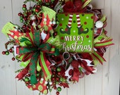 Elf Legs Merry Christmas Wreath, Fun Elf Wreath, Red and Lime Green Holiday Decorations, Indoor/Outdoor Design, ShellysWreathsNMore