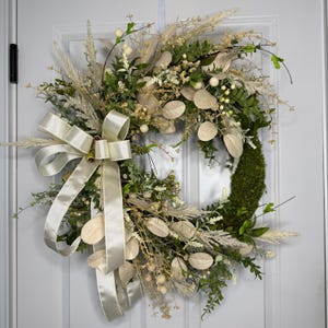 Neutral Greenery Wreath, Rustic Wedding Decor, Elegant Front Door Wreath, Year Round Farmhouse Decor, Asymmetrical Moss Wreath
