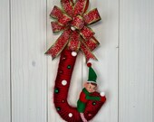 Elf on Candy Cane Wreath, Christmas Wreath Decoration, Door Decor, Xmas Decoration, ShellysWreathsNMore, Seasonal, Holiday Design Creations