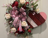 Valentine Heart Door Hanger Wreath with Red and White Florals, Valentine Door Decoration with Wood Heart in Red and Pink, Heart Shape