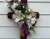 Moss Cross in Purple and Cream Flowers, Religious Wall Decoration, Spring Floral Decoration, Spring Decor, Easter Cross, Spring Holiday Deco