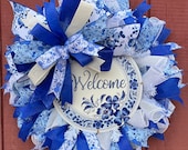 Blue and White Chinoiserie Like Welcome Wreath, Elegant Spring Door or Wall Decor, Indoor/Outdoor Design, ShellysWreathsNMore