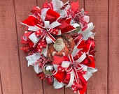 Traditional Santa Wreath with large festive silver jingle bells, Red and Silver Christmas design for front porch, Indoor Outdoor Decoration