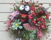 Summer Watermelon Wreath, Whimsical Summer Wreath with Watermelon Slice and Large Handmade Ant, Summer Porch Decoration with Sunflowers