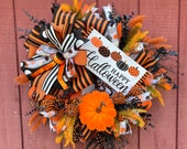 Orange and Black Halloween wreath with flocked pumpkins, Pumpkin wreath for front door.  Pumpkin patch themed wreath for the Fall.