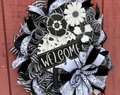 Black and White Welcome Wreath with Designer Metal Flowers, Summer Floral Wreath, Indoor/Outdoor All Season Design, ShellysWreathsNMore