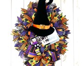 Bewitching Halloween Wreath with Witch’s Hat and Sign, Fall decor, Front porch Decorations, Fall Front Door Wreath
