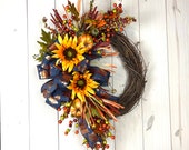 Sunflower, Pumpkin and Berry Grapevine Wreath for the Fall, Fall Decor, Autumn Porch Decor, Fall Porch Decorations, Thanksgiving Door Decor