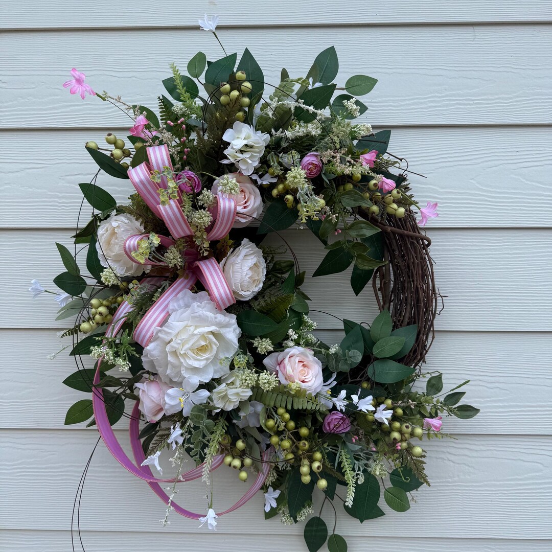 Pink and White Floral Wreath, Spring Door Decor, Romantic Grapevine ...