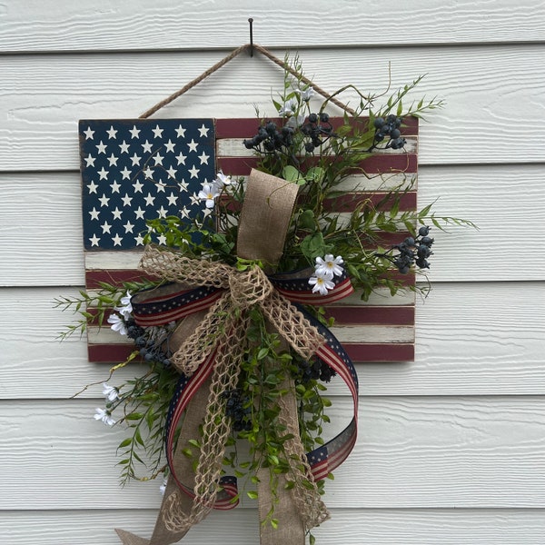 Patriotic Flag Door Hanger, Old Glory Flag Wreath, Memorial and Veterans Day Decor, 4th of July Front Door Decor, Stars and Stripes Design