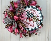 Valentine’s Wreath with Leopard and Striped Hearts, Country Farmhouse Valentine Wreath, Valentine Decorations, ShellysWreathsNMore