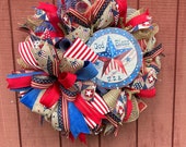 Rustic Patriotic Wreath, 4th of July Decorations, Farmhouse Style Wreath with Patriotic Star Sign, Shelly's Wreaths and More
