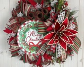 Old Fashion Merry Christmas Wreath, Red and Green Holiday Decorations,Poinsettia Design, Indoor/Outdoor Design, ShellysWreathsNMore