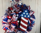 Patriotic Wreath with Firecrackers and Fireworks, Memorial Day Wreath, 4th of July Wall Decorations, Shelly's Wreaths and More