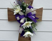 Wood Cross in Purple and Cream Flowers, Religious Wall Decoration, Spring Floral Decoration, Spring Decor, Easter Cross, Spring Holiday Deco