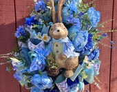 Blue Easter Wreath with Sisal Bunny, Spring Bunny Decoration, Porch Door Decor, Spring Floral Wreath, Spring Floral Easter Design,