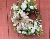 Wedding Wreath with White Roses, Dogwood Blooms and Diamond Gem, Floral Wreath for Bridal Shower, Indoor/Outdoor Design, ShellysWreathsNMore
