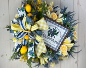 Blueberry and Lemon Wreath, Yellow and Blue Spring Floral Wreath, Lemon Wreath, Indoor/Outdoor Design, ShellysWreathsNMore