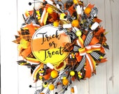 Candy Corn Colored Halloween Wreath, Whimsical Front Porch Decorations, Fall Front Door Wreath, Halloween Decorations, Trick or Treat Wreath