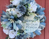 Welcome to Our Porch Wreath with Magnolias and Dahlias, Blue and Cream Summer Floral Wreath, Indoor/Outdoor Design, ShellysWreathsNMore