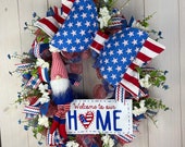 Patriotic Wreath with Large Bow and Patriotic Gnome, Red, White and Blue Wreath, Memorial Day, 4th of July, Shelly's Wreaths and More