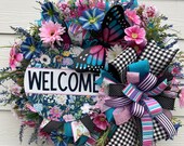 Country Floral Welcome Wreath with Butterfly, Garden Door or Wall Decor, Indoor/Outdoor Design, ShellysWreathsNMore, Front Porch Decoration
