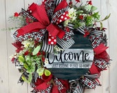Humorous Welcome Wreath with Woodgrain Sign, Funny Welcome Wreath, Ladybug and Geraniums Design, Indoor/Outdoor Design, ShellysWreathsNMore