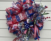 Patriotic Wreath with Firecrackers and Fireworks, 4th of July Wall Decorations,  Front Door Stars and Stripes Decoration, Handmade Wreath