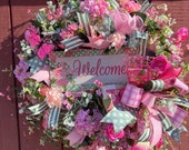 Spring Welcome Wreath with Pink and Green Florals, Front Door Decor, Wall Decor, Indoor/Outdoor Design, Year Round Welcome Design